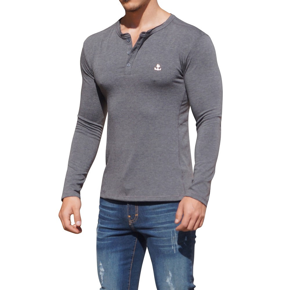 Metal Emblem Oxford Long Sleeve Henley T-Shirt