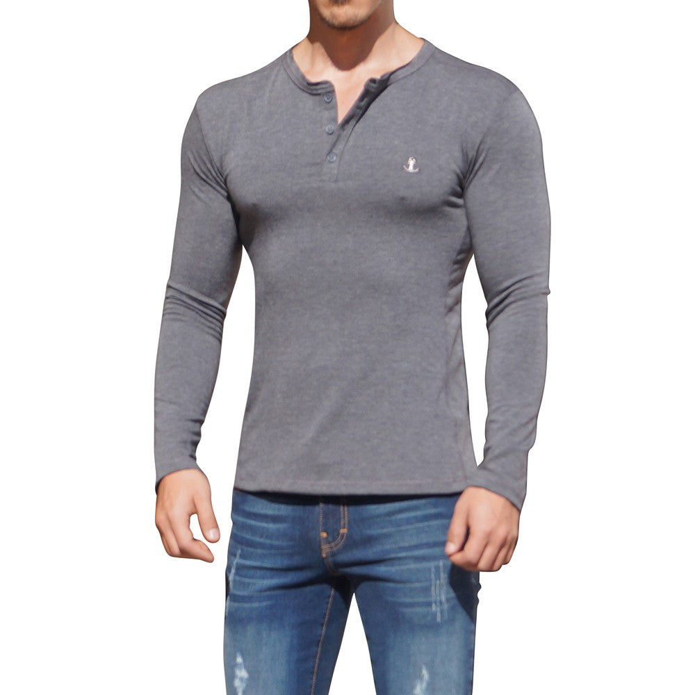 Metal Emblem Oxford Long Sleeve Henley T-Shirt