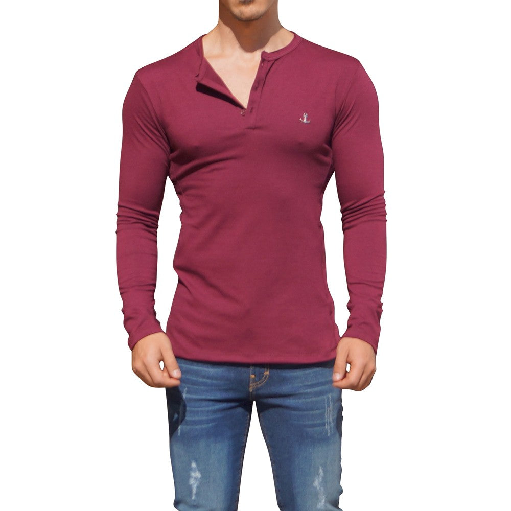 Metal Emblem Wine Long Sleeve Henley T-Shirt