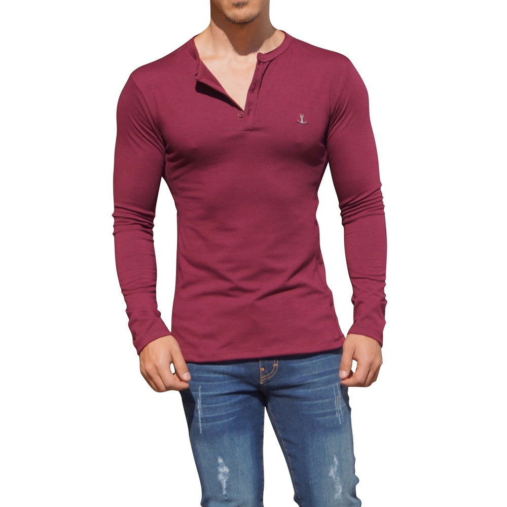 Metal Emblem Wine Long Sleeve Henley T-Shirt
