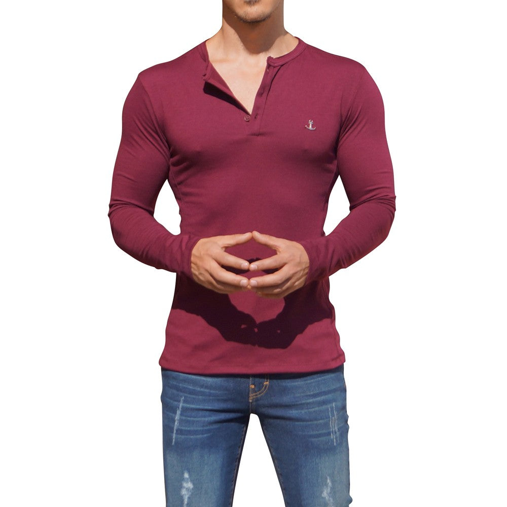 Metal Emblem Wine Long Sleeve Henley T-Shirt