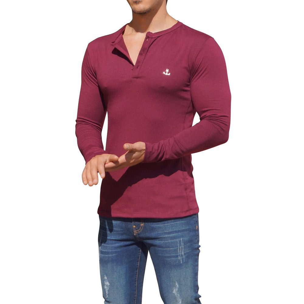 Metal Emblem Wine Long Sleeve Henley T-Shirt