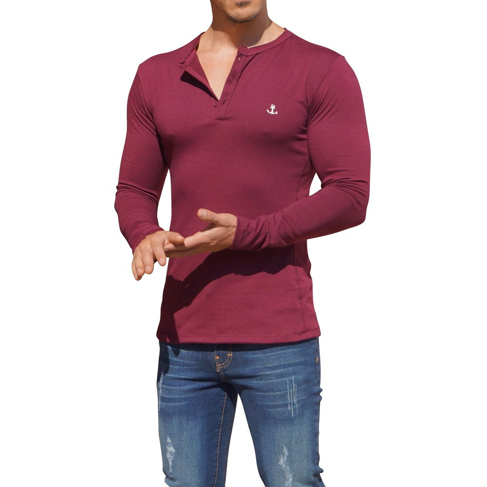 Metal Emblem Wine Long Sleeve Henley T-Shirt