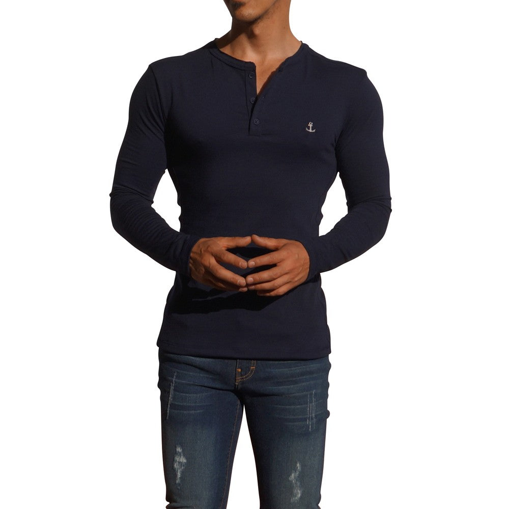 Navy Metal Emblem Long Sleeve Henley T-Shirt