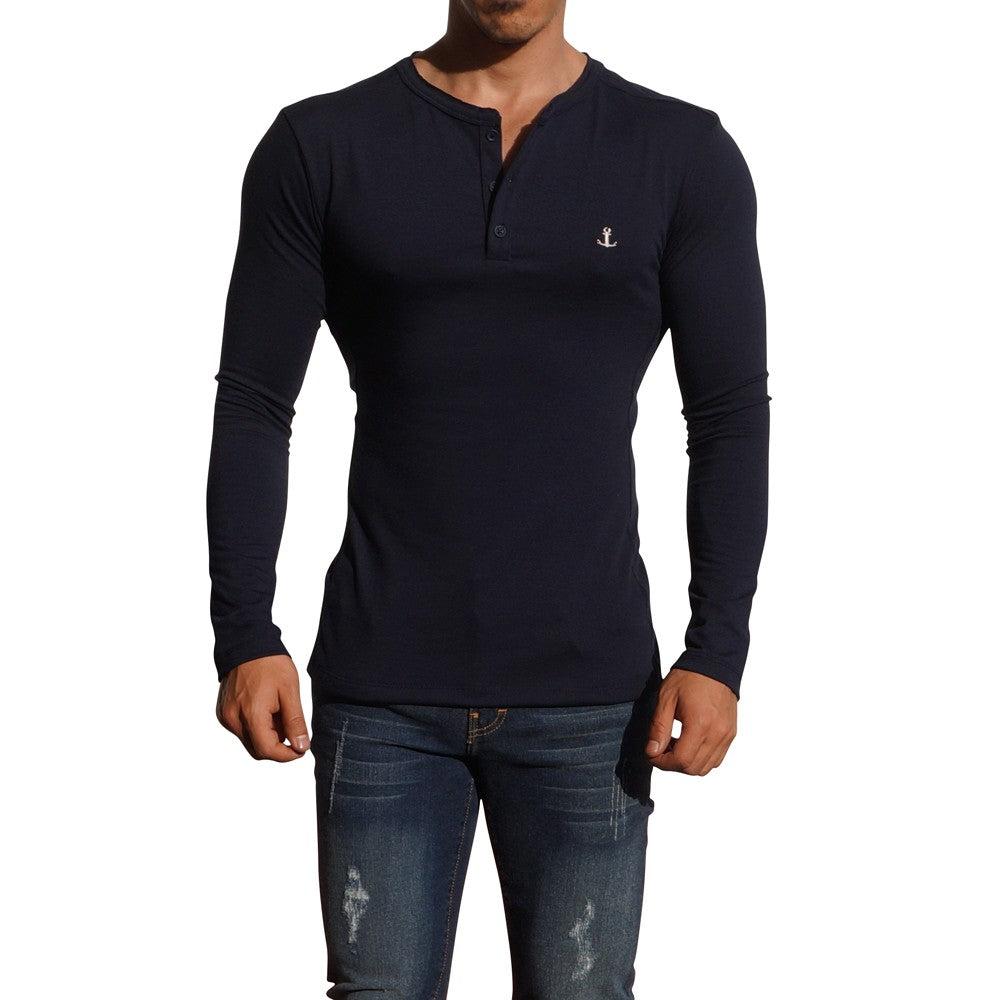 Navy Metal Emblem Long Sleeve Henley T-Shirt
