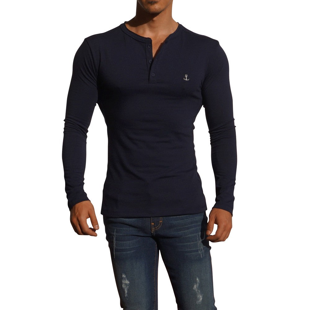 Navy Metal Emblem Long Sleeve Henley T-Shirt