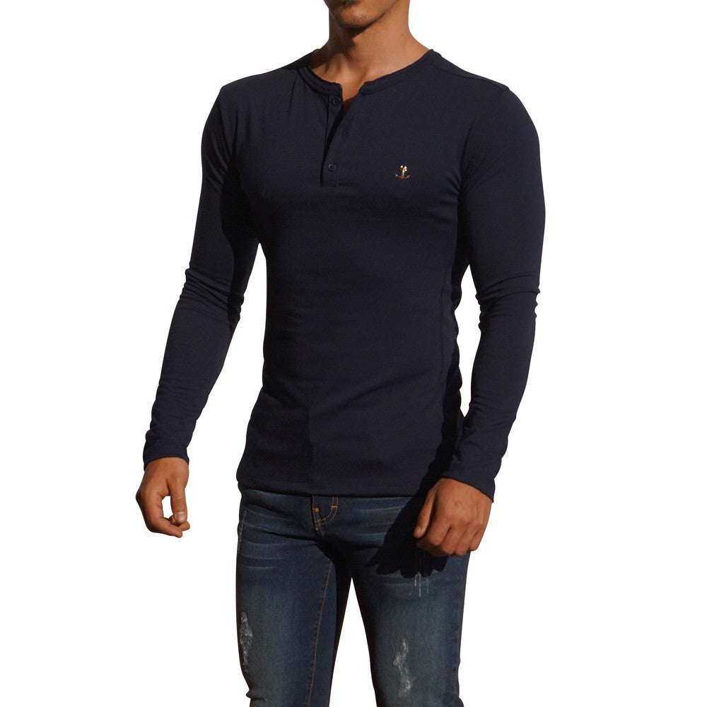 Navy Metal Emblem Long Sleeve Henley T-Shirt
