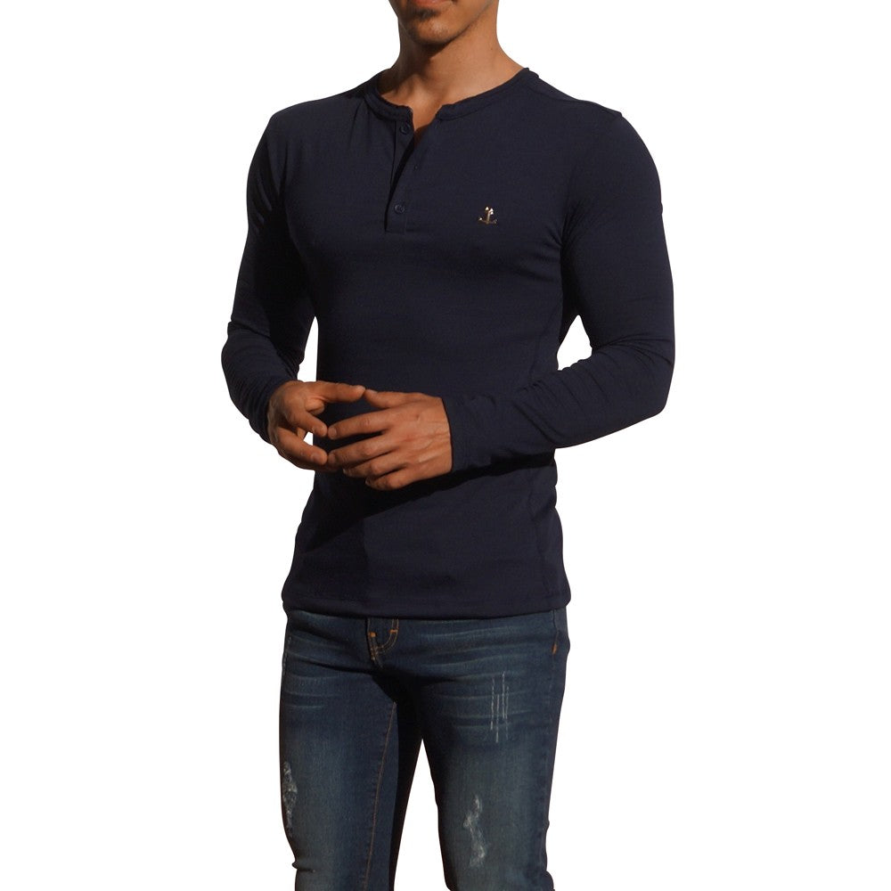 Navy Metal Emblem Long Sleeve Henley T-Shirt