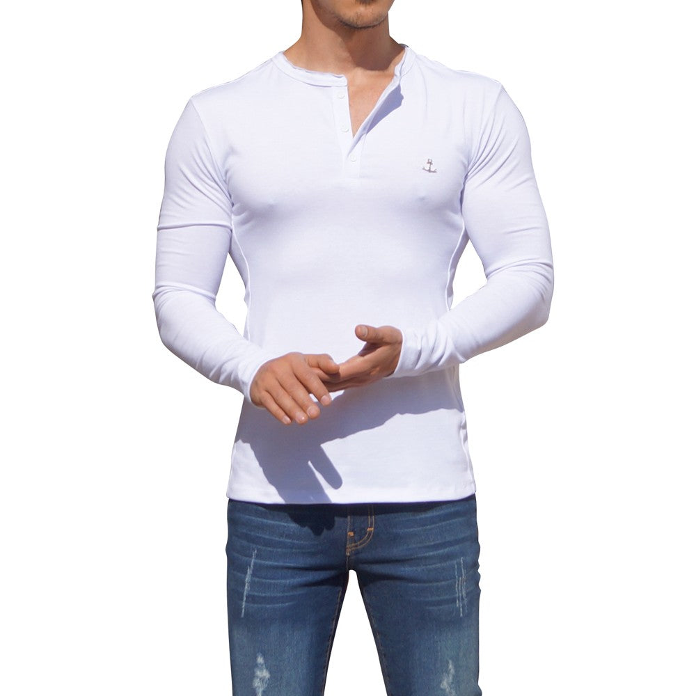 Metal Emblem Long Sleeve Henley T-Shirt White