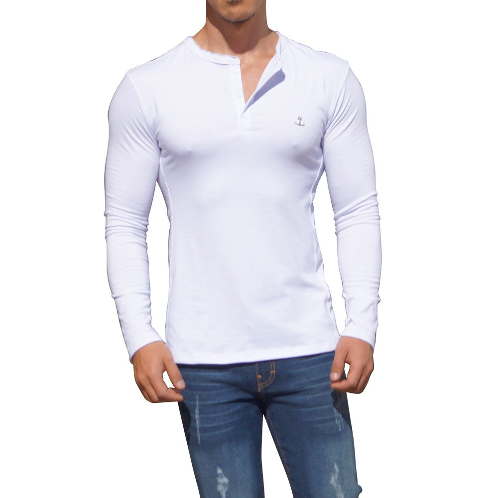 Metal Emblem Long Sleeve Henley T-Shirt White