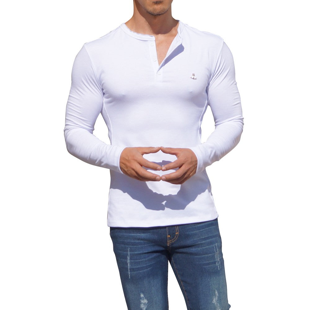 Metal Emblem Long Sleeve Henley T-Shirt White