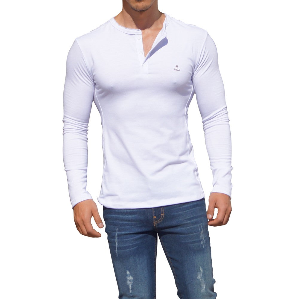 Metal Emblem Long Sleeve Henley T-Shirt White