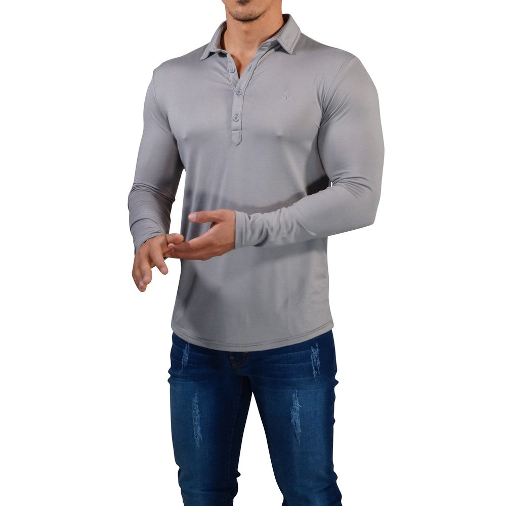 Sateen Luxe Polo Shirt Long Sleeve Light Gray