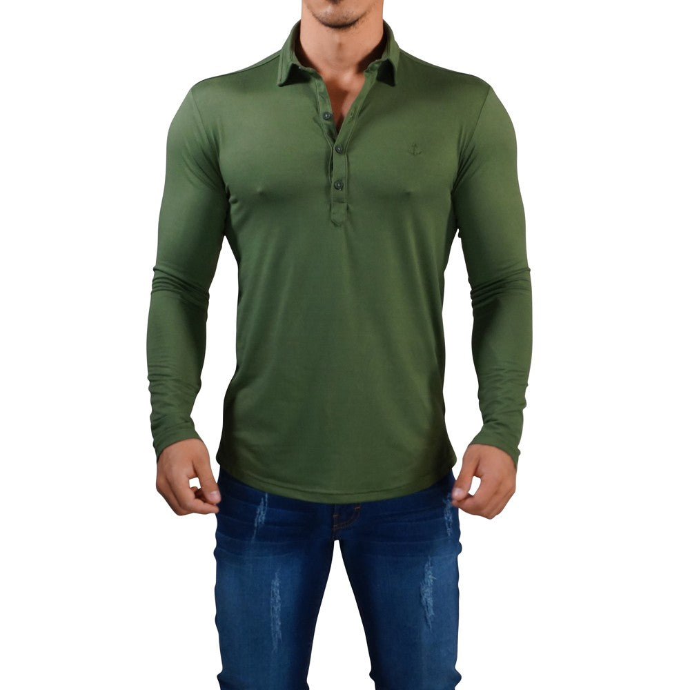 Sateen Luxe Polo Shirt Long Sleeve Olive