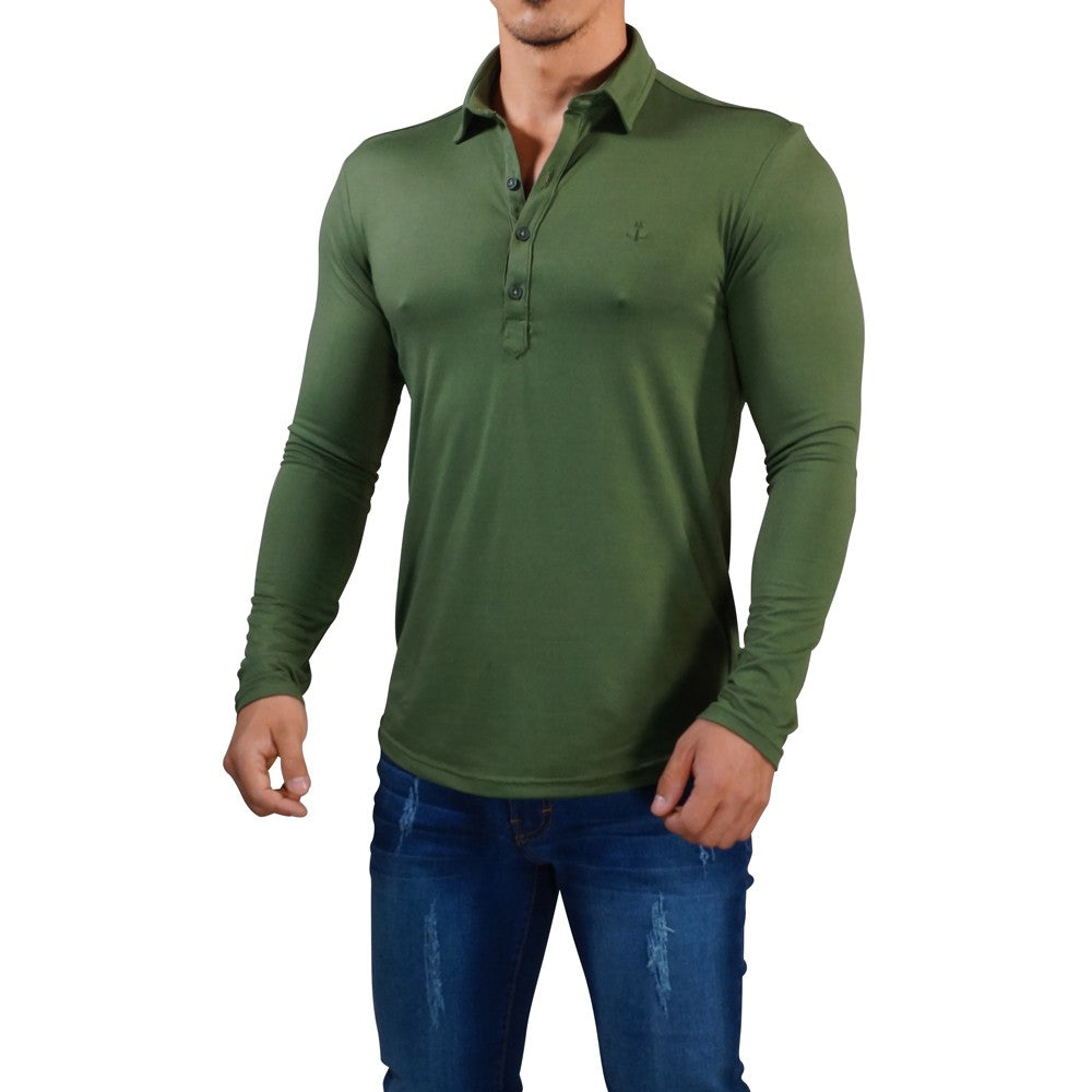 Sateen Luxe Polo Shirt Long Sleeve Olive