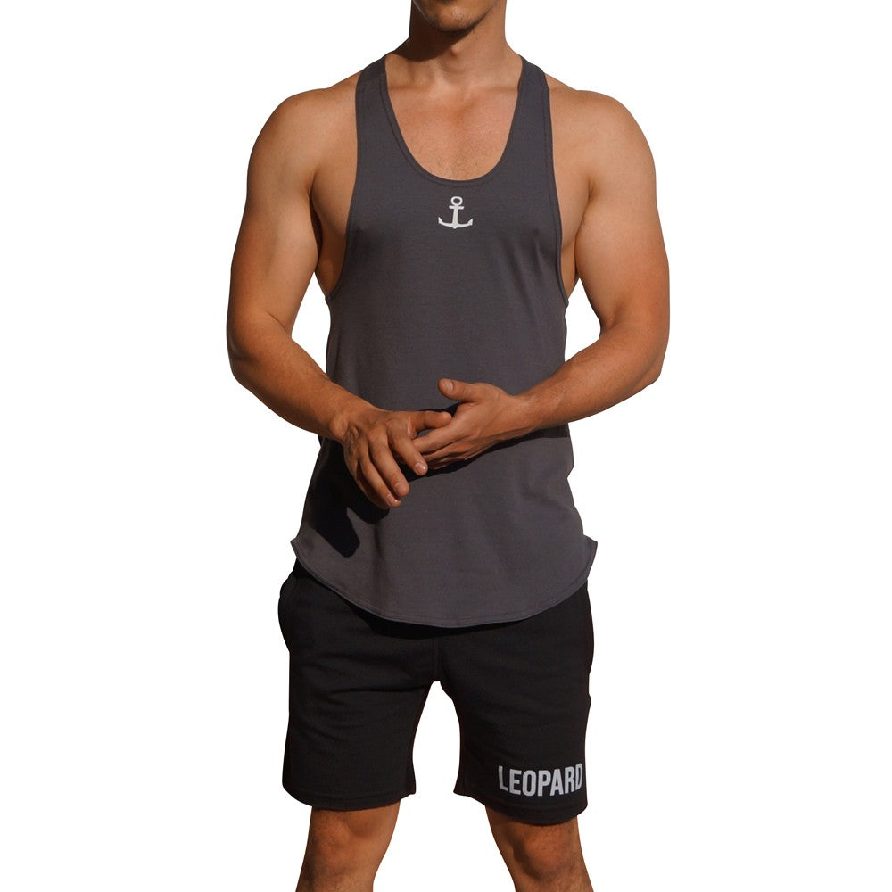 Gym Stringer Tank Solid Gray White Anchor