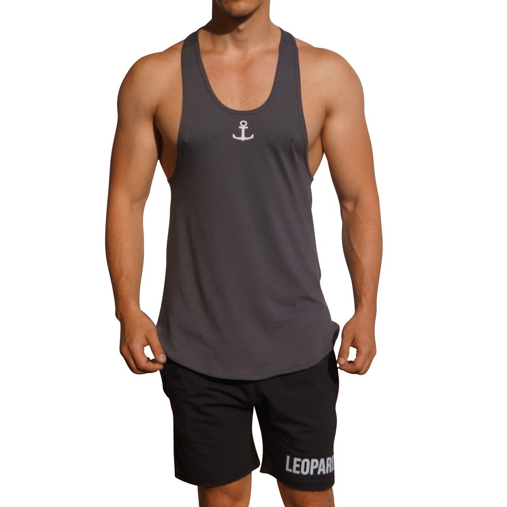 Gym Stringer Tank Solid Gray White Anchor