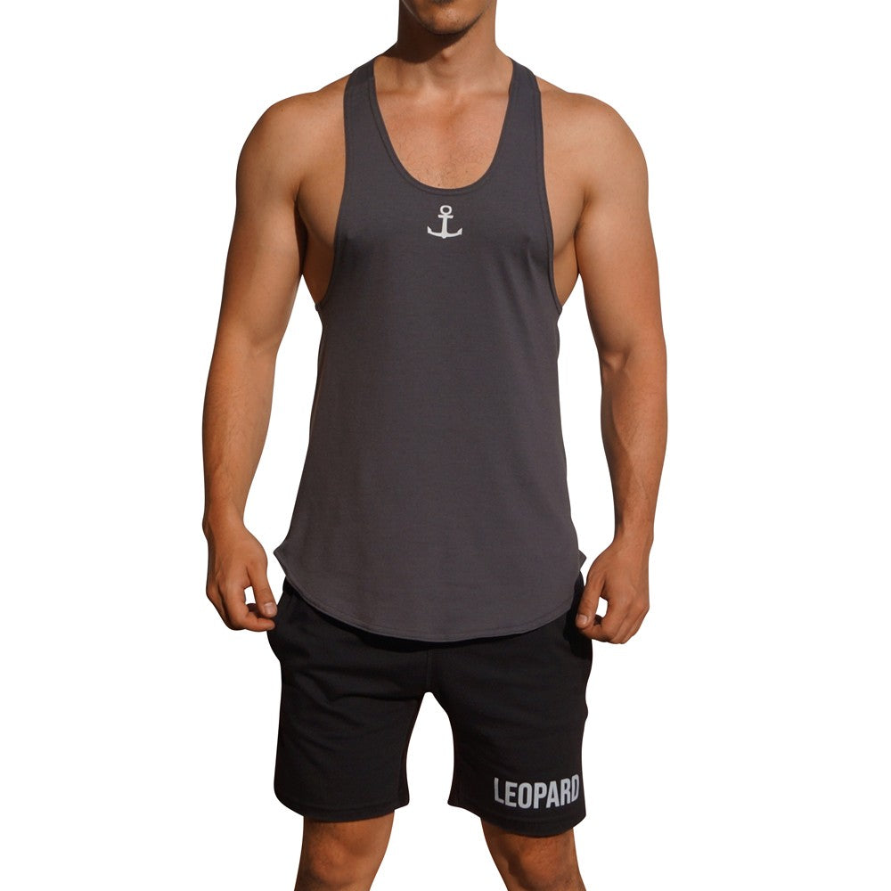 Gym Stringer Tank Solid Gray White Anchor