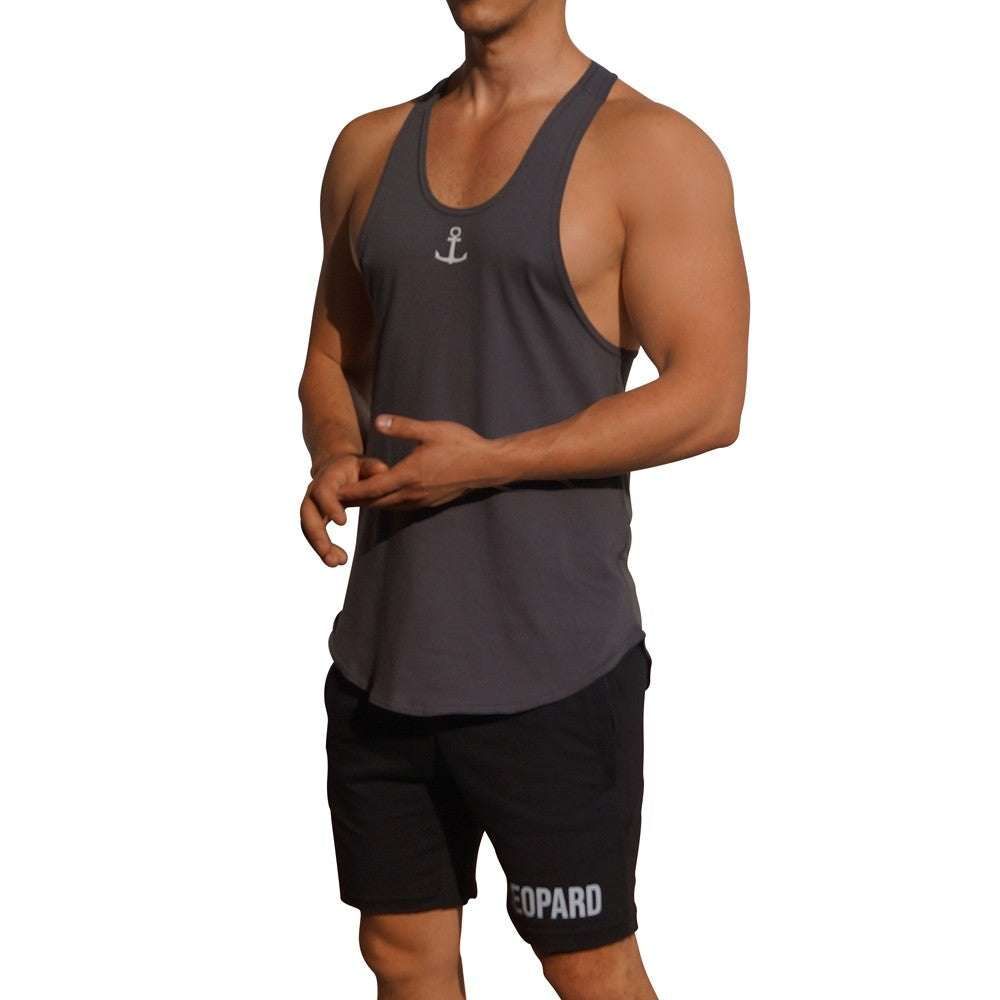 Gym Stringer Tank Solid Gray White Anchor