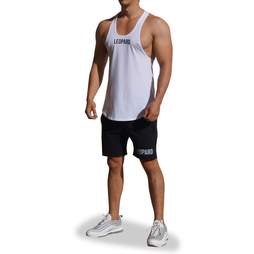 Gym Stringer Tank White Black Logo