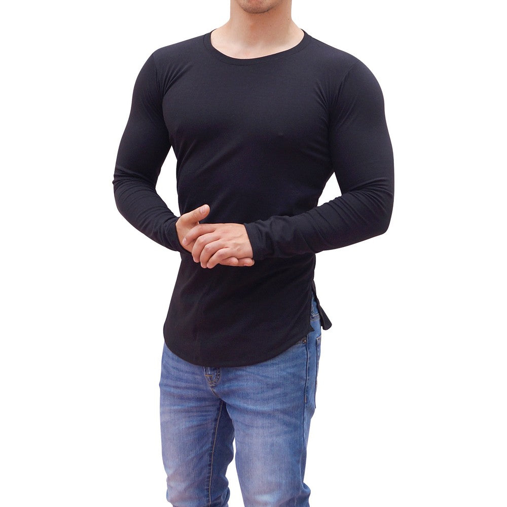 Black Round Neck Long Sleeve T-shirt With Opening