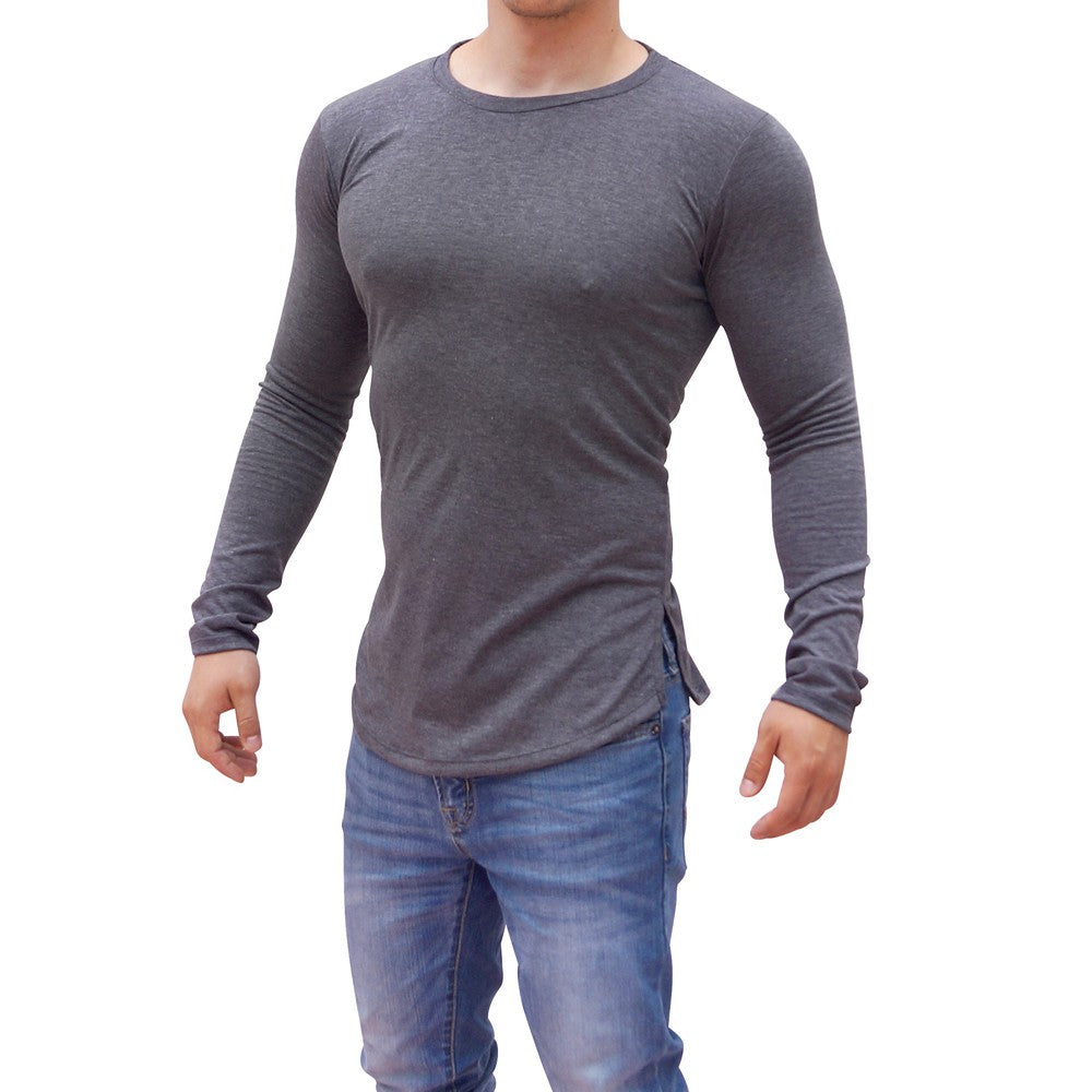 Oxford Gray Round Neck Long Sleeve T-shirt With Opening