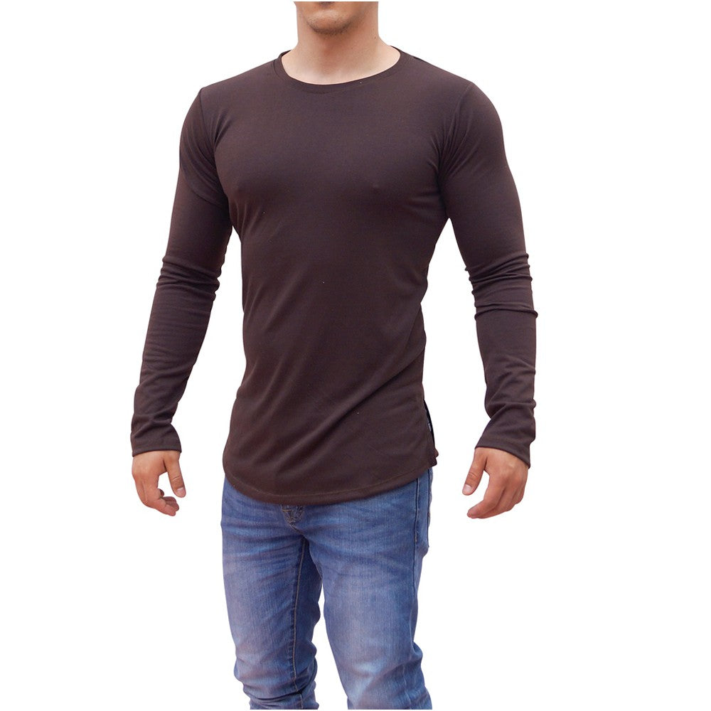 Playera Manga Larga Cuello Redondo Café Con Abertura