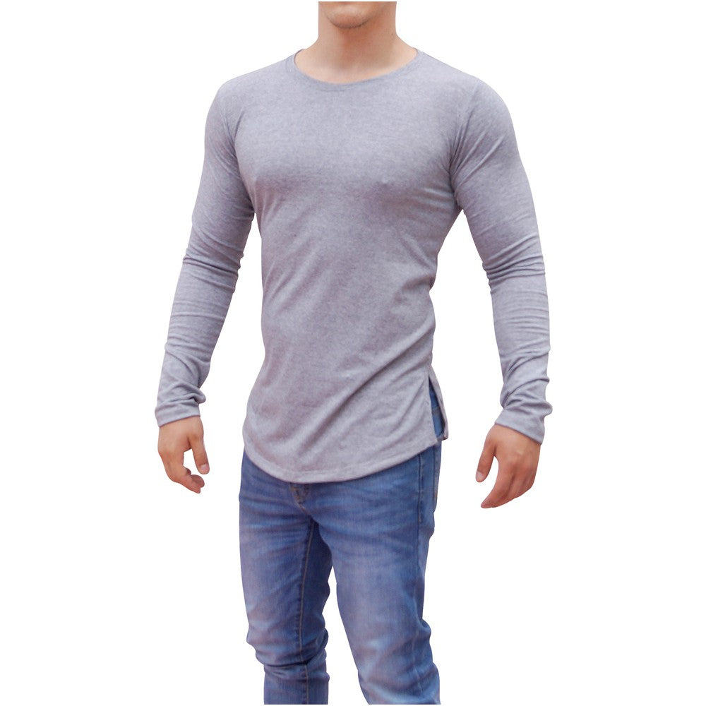 Playera Manga Larga Cuello Redondo Gris Claro Con Abertura