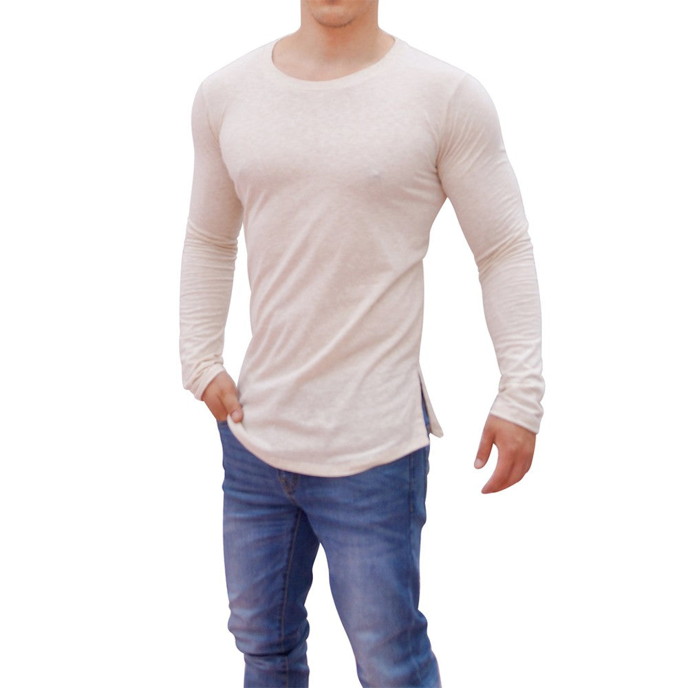 Oatmeal Round Neck Long Sleeve T-shirt With Slit