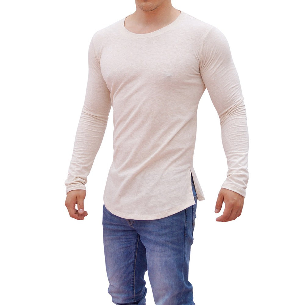Oatmeal Round Neck Long Sleeve T-shirt With Slit