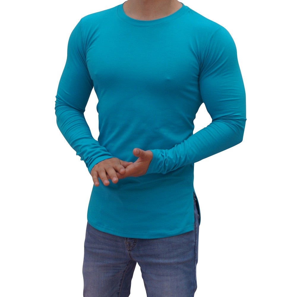 Turquoise Blue Round Neck Long Sleeve T-shirt With Opening