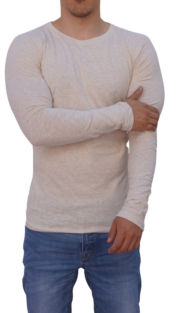 Oatmeal Round Neck Long Sleeve T-shirt