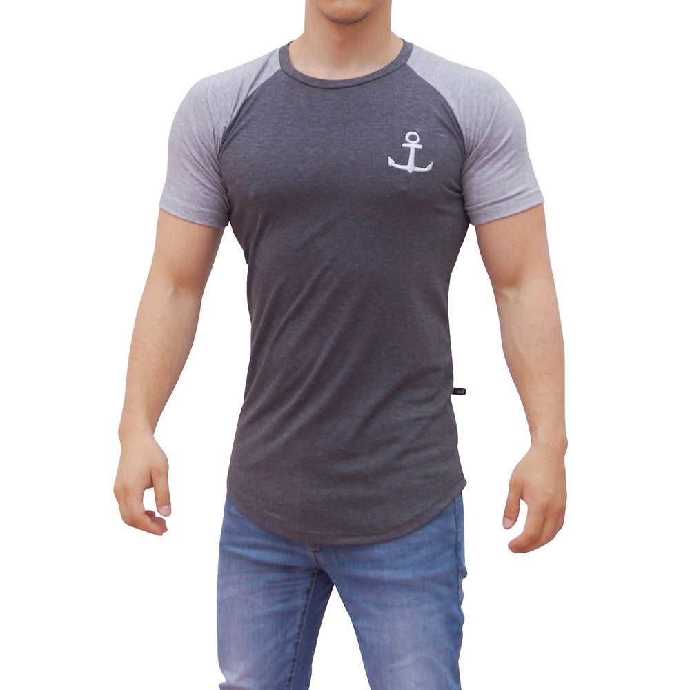 Light Gray Short Sleeve Oxford Gray Ranglan T-Shirt With Logo