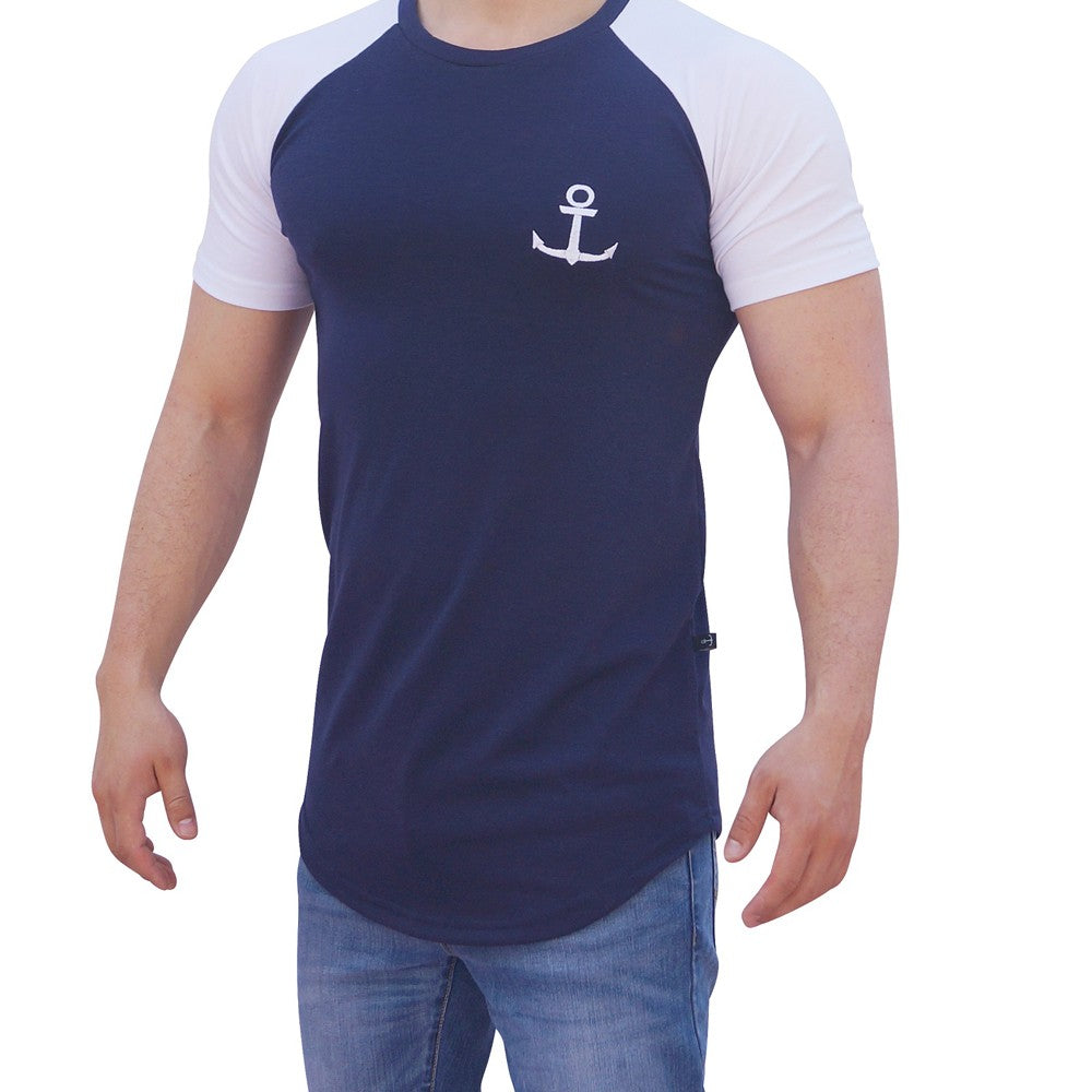 Navy Blue White Short Sleeve Raglan T-shirt With Logo