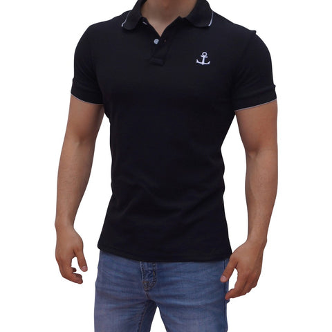 Playera Polo Negra Logo Blanco Manga Corta Negra