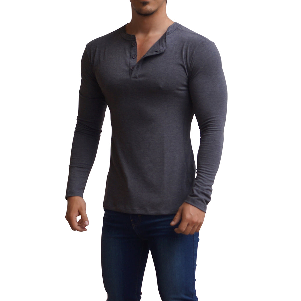 Playera Henley Manga Larga Gris Oxford