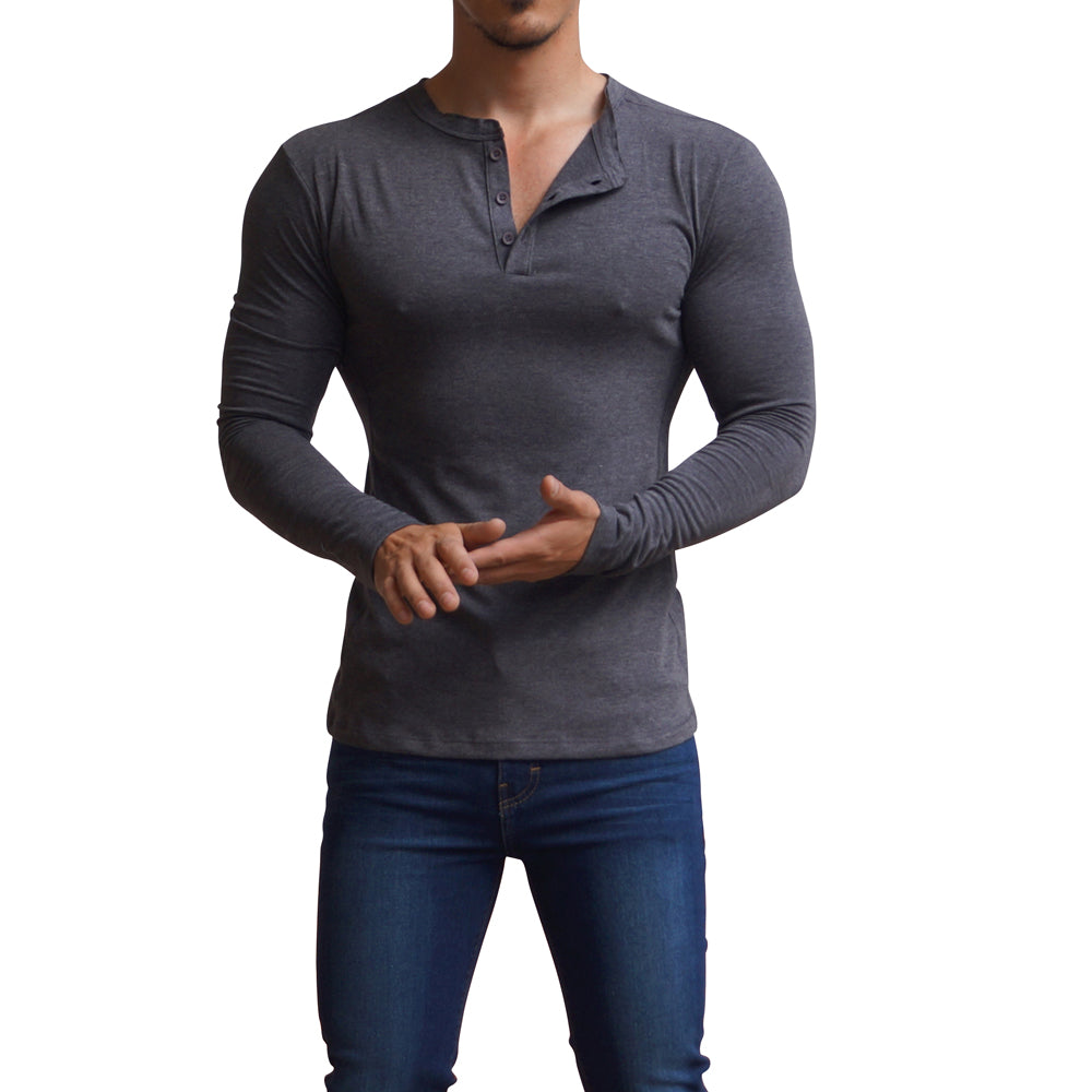 Playera Henley Manga Larga Gris Oxford