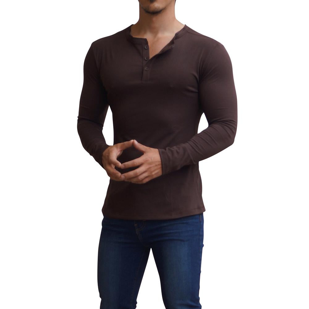 Playera Henley Manga Larga Café