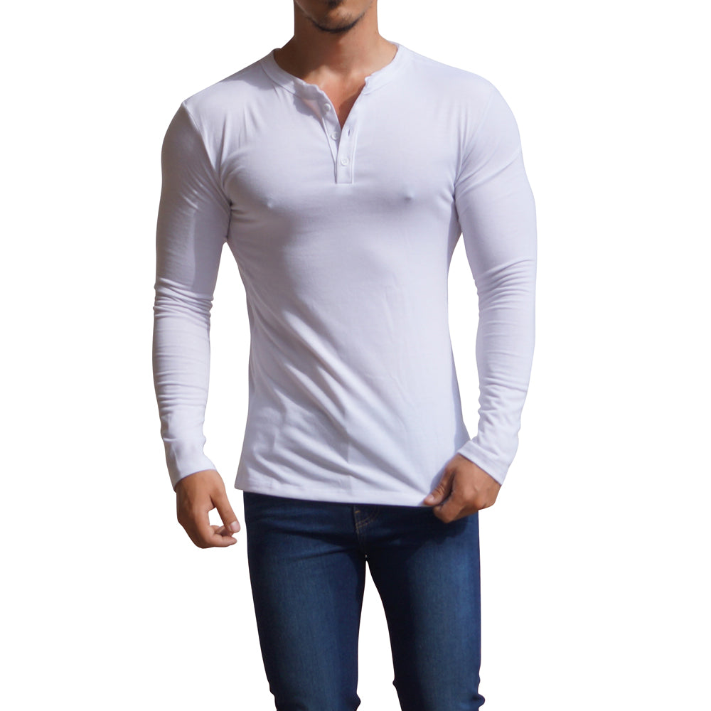 Playera Henley Manga Larga Blanco