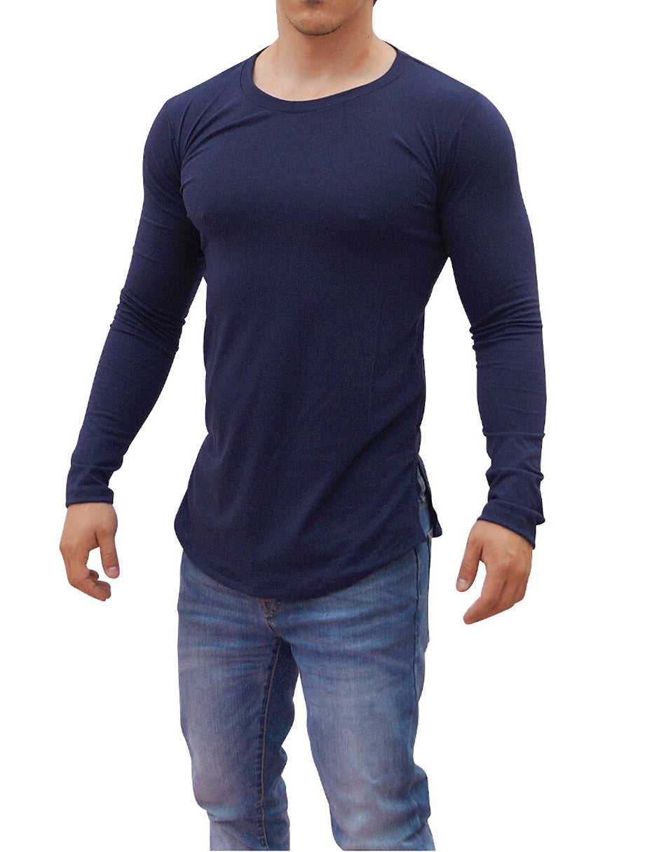 Navy Blue Round Neck Long Sleeve T-shirt With Opening