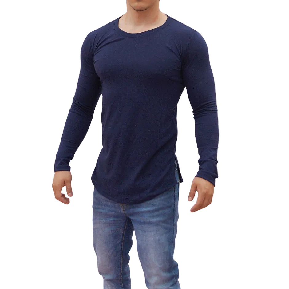 Navy Blue Round Neck Long Sleeve T-shirt With Opening