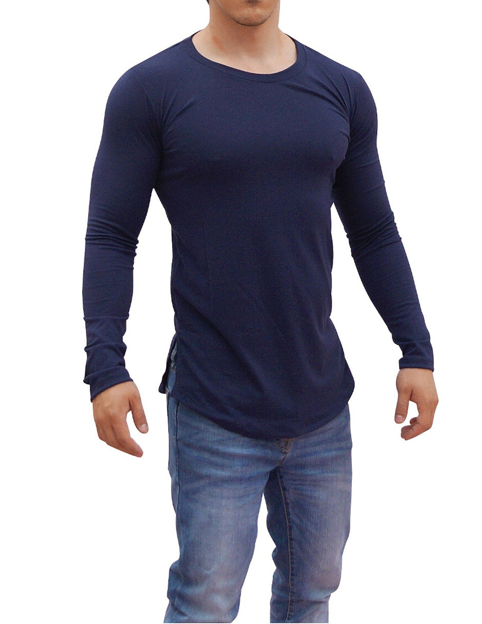 Navy Blue Round Neck Long Sleeve T-shirt With Opening