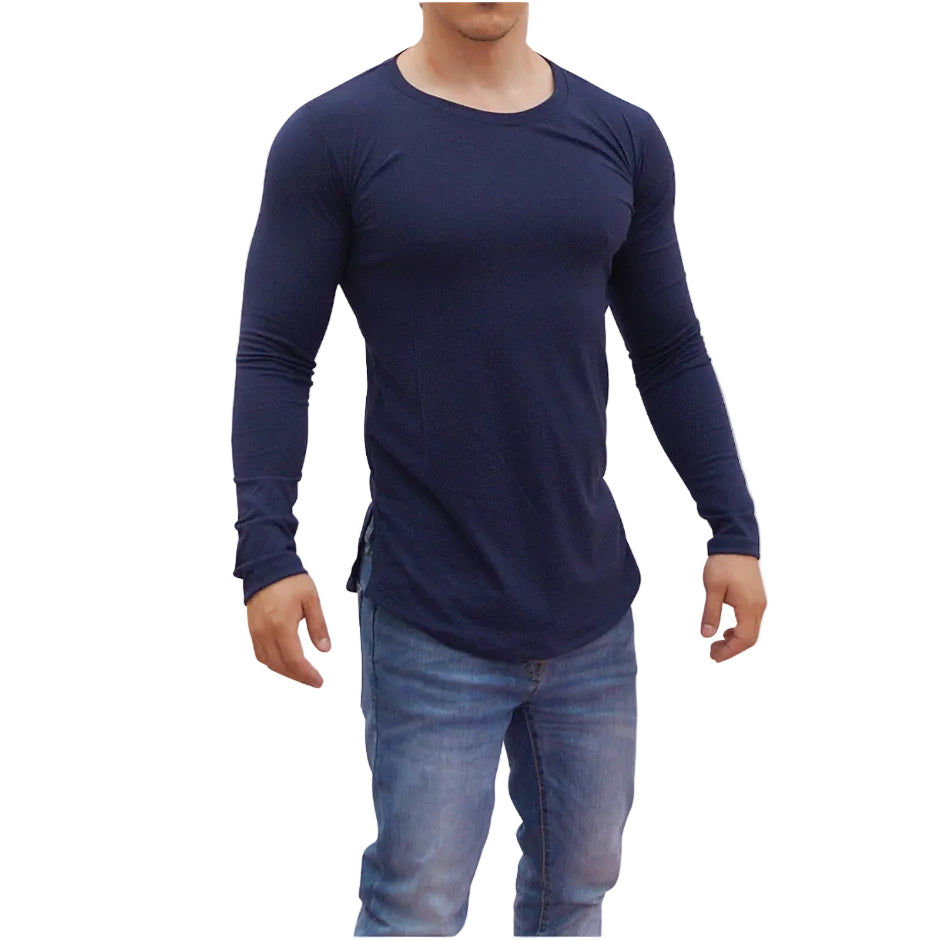 Navy Blue Round Neck Long Sleeve T-shirt With Opening