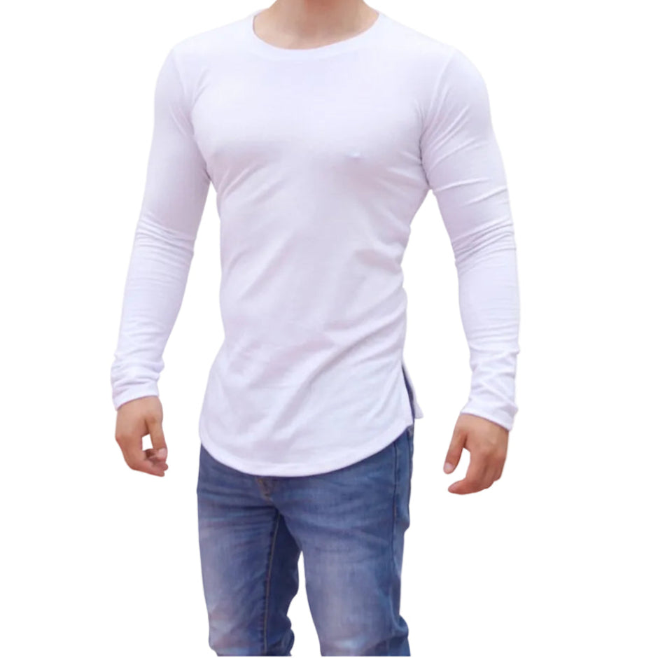 Playera Manga Larga Cuello Redondo Blanco Con Abertura