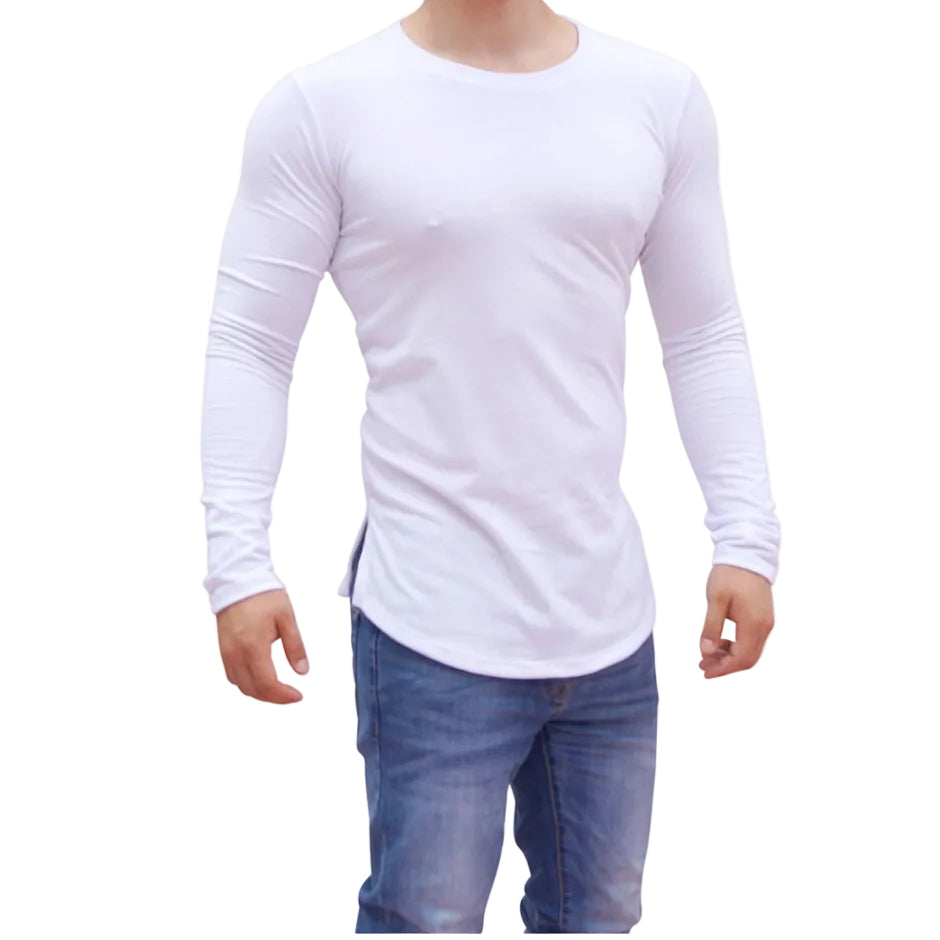 Playera Manga Larga Cuello Redondo Blanco Con Abertura