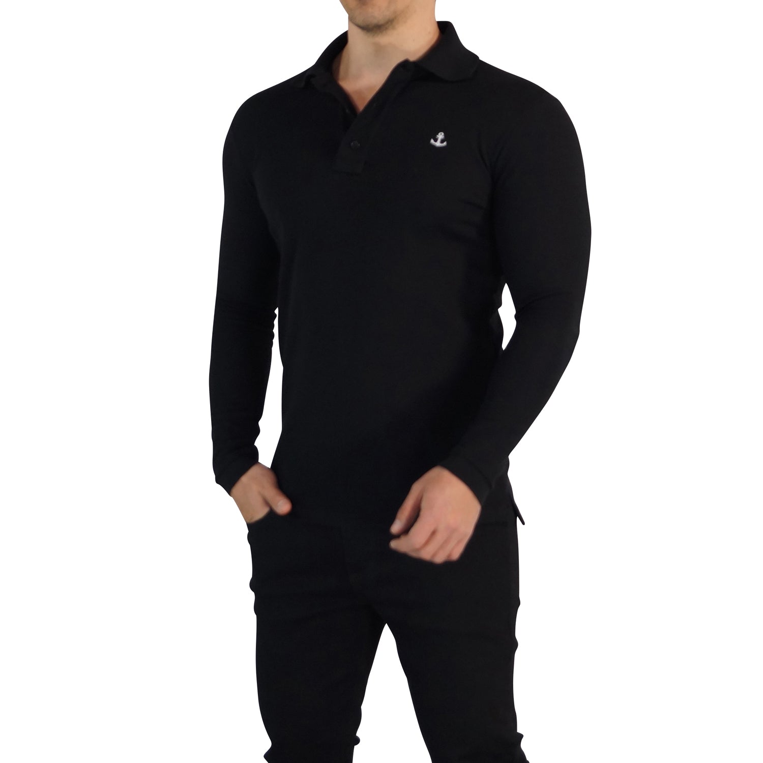 Black Polo Shirt White Logo Black Long Sleeve