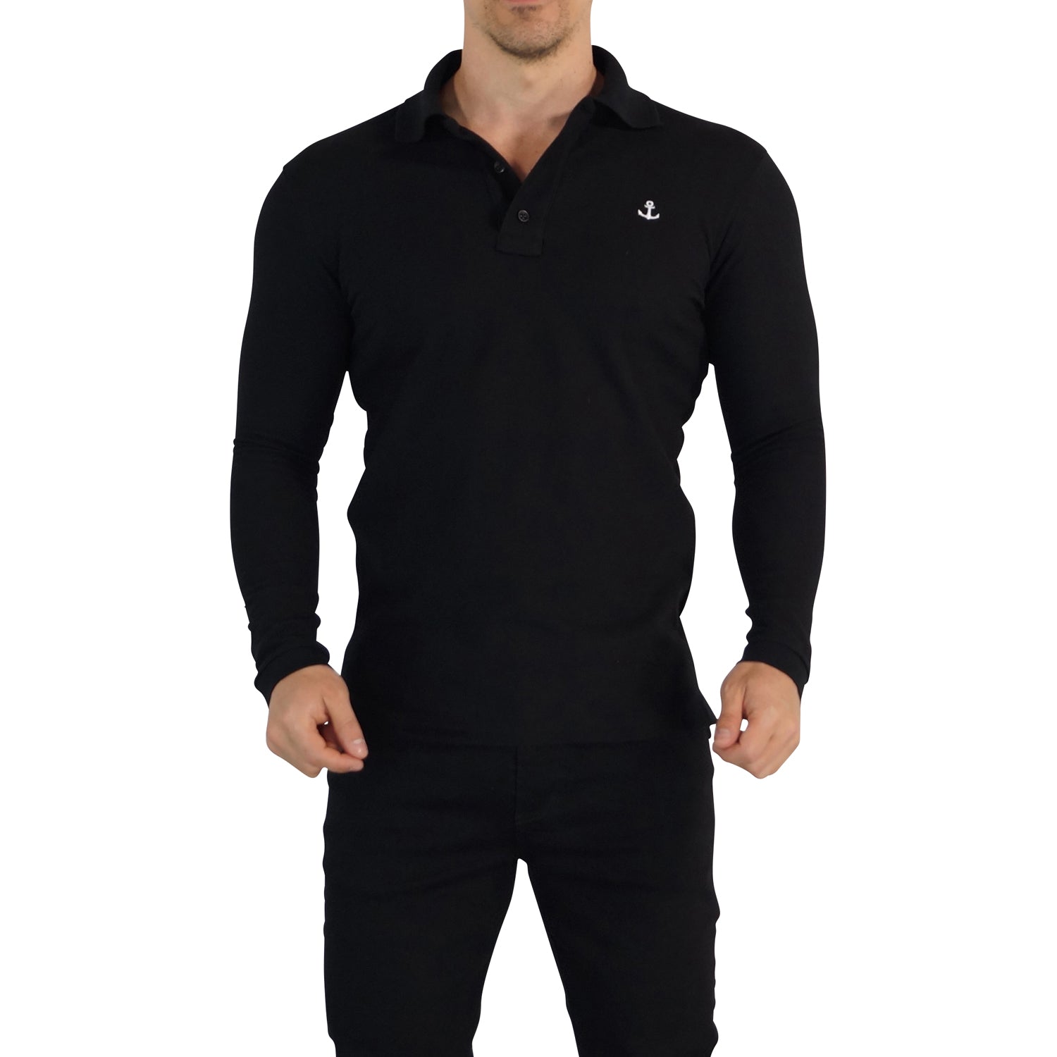 Black Polo Shirt White Logo Black Long Sleeve