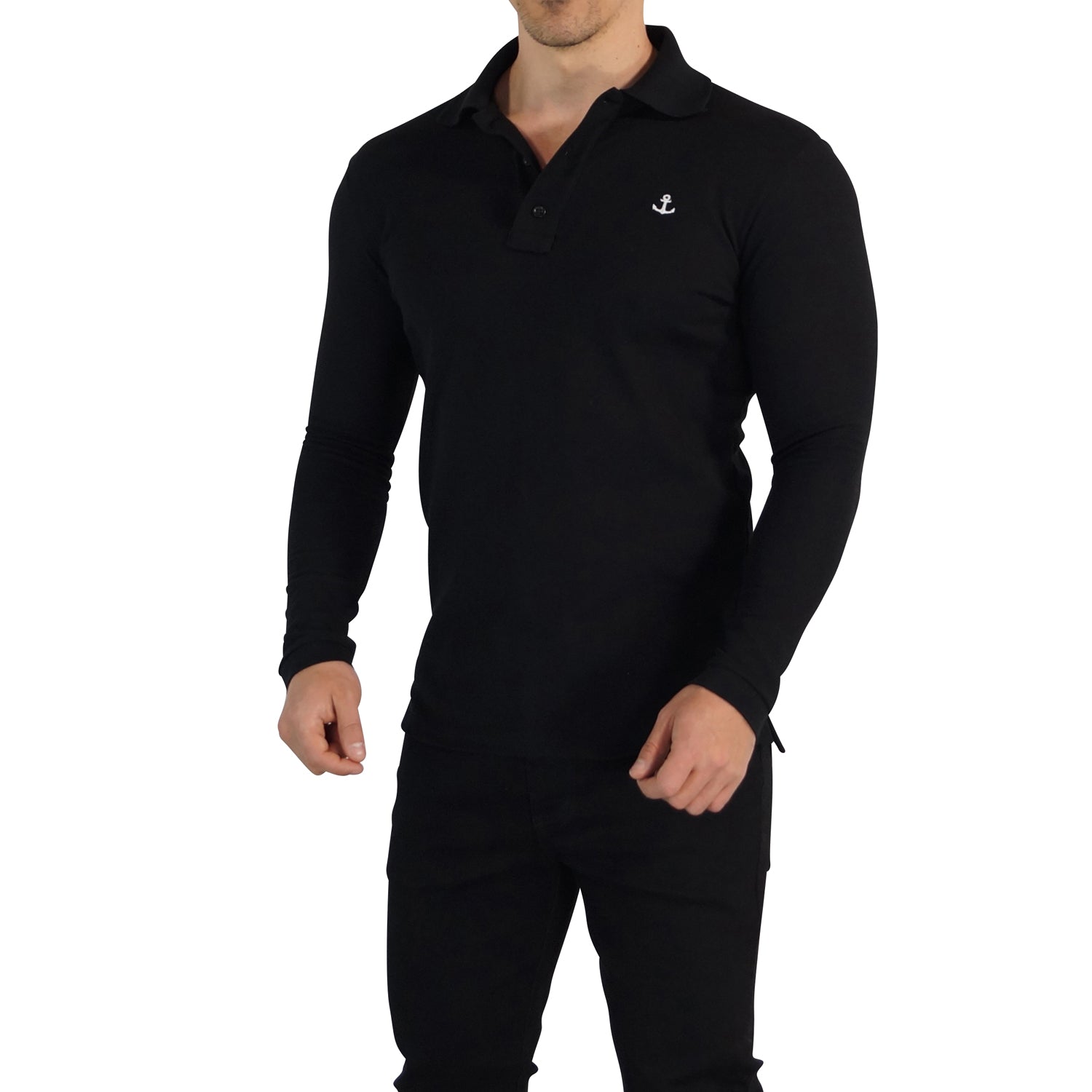 Playera Polo Negra Logo Blanco Manga Larga Negra