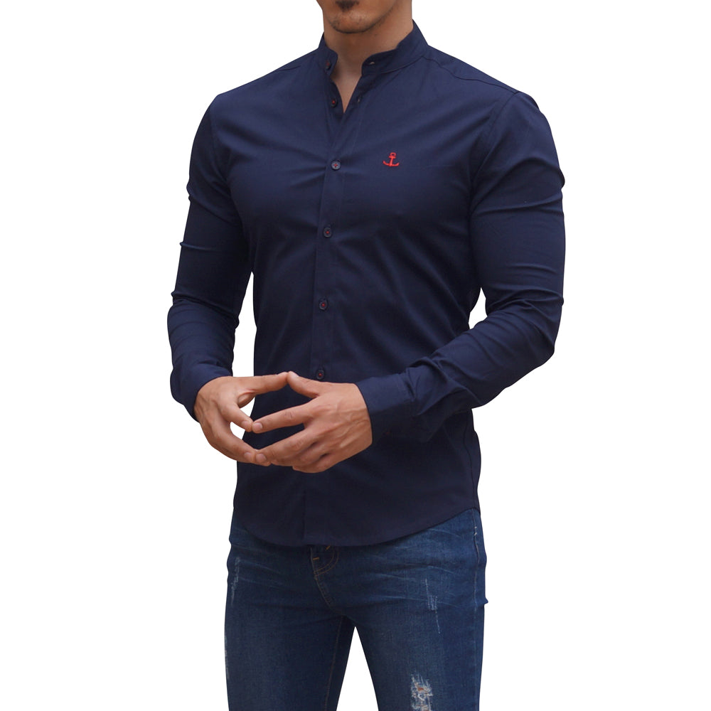Camisa Azul Marino Cuello Mao Manga Larga Marino Slim Fit