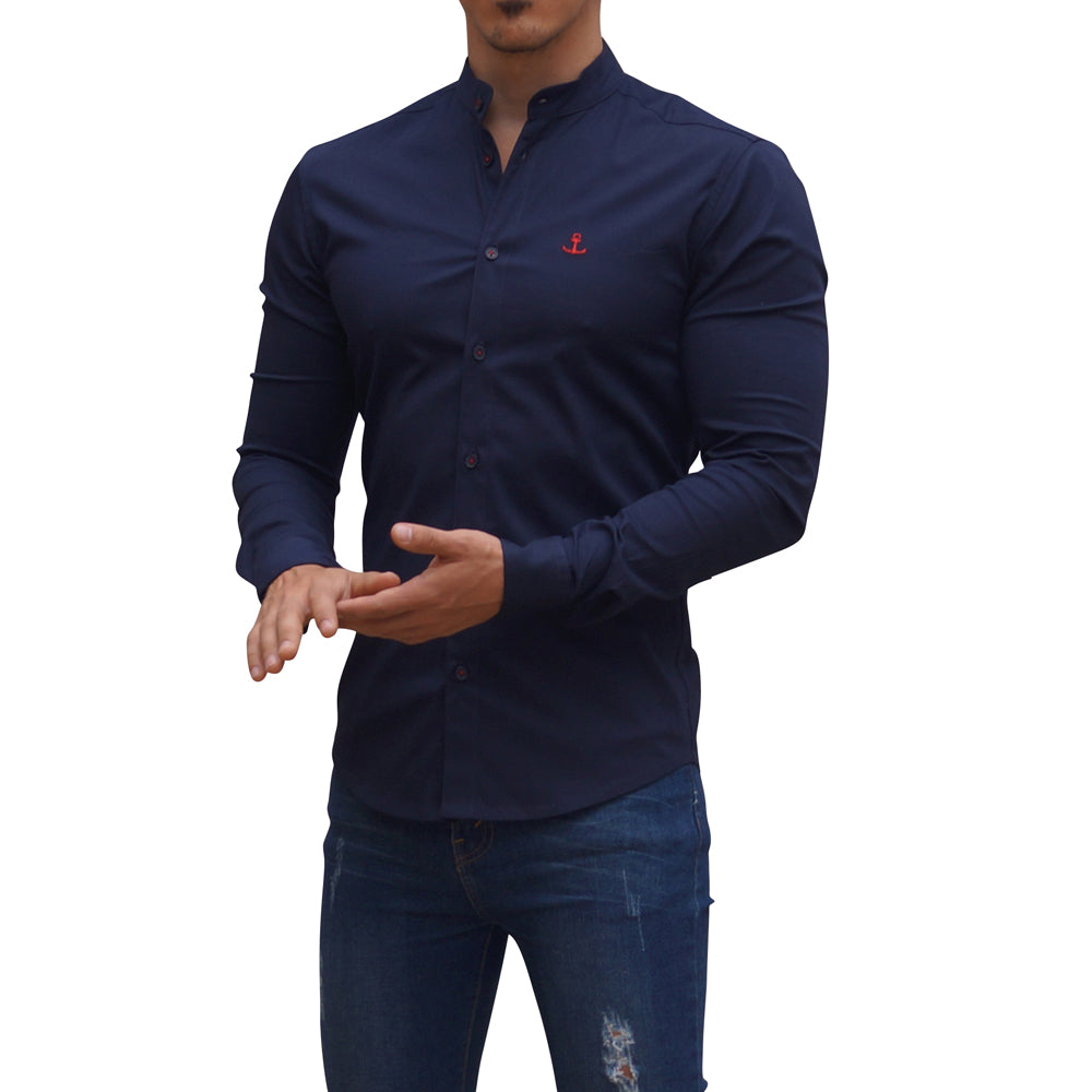 Camisa Azul Marino Cuello Mao Manga Larga Marino Slim Fit